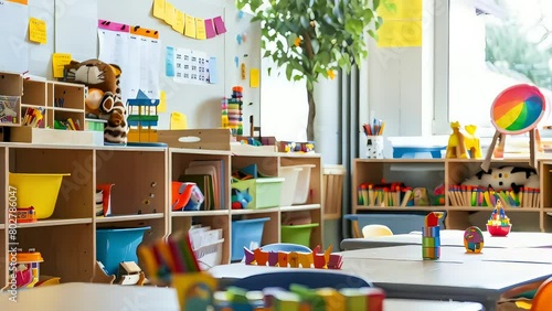 Experience a vibrant preschool classroom with tables, chairs, and educational supplies. Explore the essence of early childhood education and the excitement of back-to-school for young learners. Ideal 