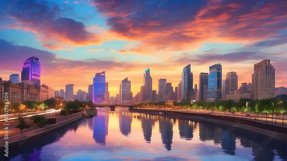 Fototapeta premium sunset : Twilight Metropolis Urban Splendor at Sunset