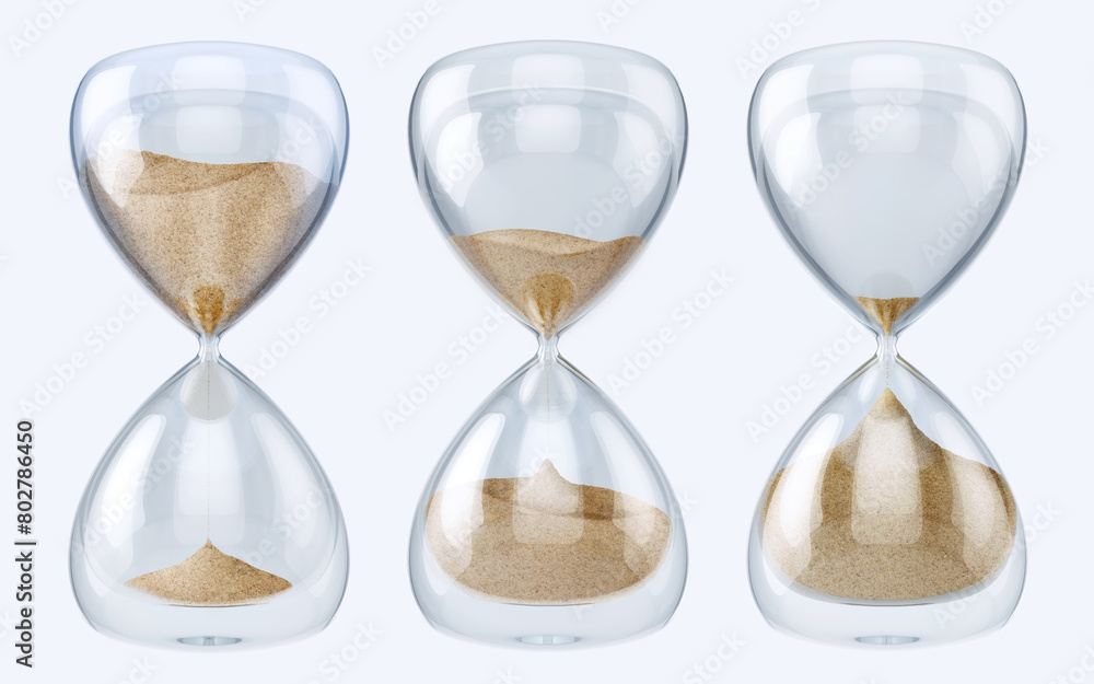 3D images of sand hourglasses with running sand, isolated on a light background. Sand clock symbolizing the fleeting nature of time, counting down deadlines, illustrating the proverb 3D images of sand hourglasses with running sand, isolated on a light background. Sand clock symbolizing the fleeting nature of time, counting down deadlines, illustrating the proverb