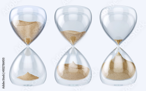 3D images of sand hourglasses with running sand, isolated on a light background. Sand clock symbolizing the fleeting nature of time, counting down deadlines, illustrating the proverb "time is money"  © Corona Borealis