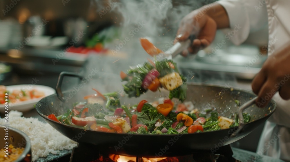 An Indian chef skillfully tossing colorful vegetables in a sizzling wok to create a delectable saag paneer dish. An Indian chef skillfully tossing colorful vegetables in a sizzling wok to create a delectable saag paneer dish.