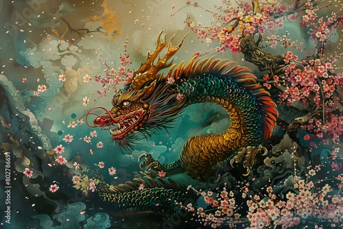 Chinese style dragon painting on the wall, This is a generated and rendered picture