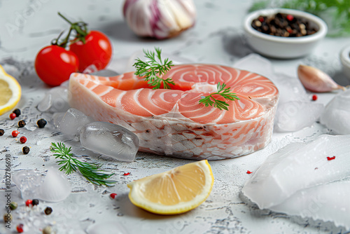 Raw salmon steak, beautiful food photography style illustration