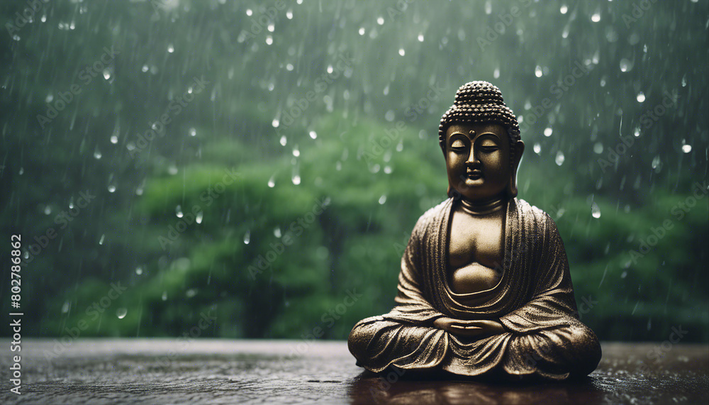 Buddha statue sitting in meditation with rain and forest in the background
Buddha statue sitting in meditation with rain and forest in the background