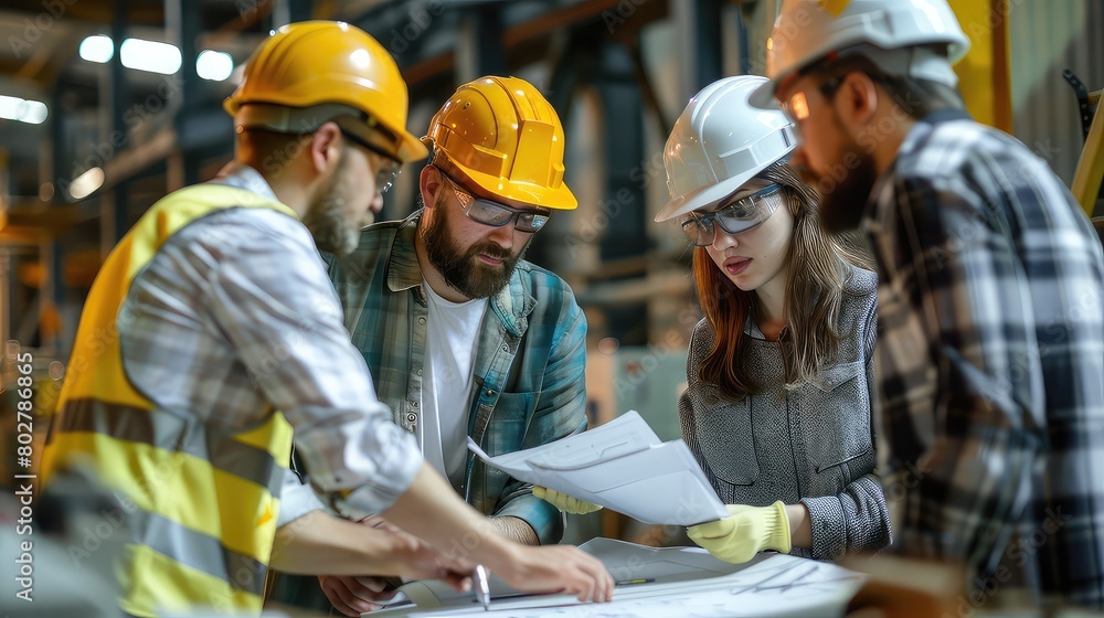 A focused shot of factory workers and engineers gathered in a workshop, engaged in discussion about work projects, showcasing collaboration and teamwork in industrial settings. A focused shot of factory workers and engineers gathered in a workshop, engaged in discussion about work projects, showcasing collaboration and teamwork in industrial settings.