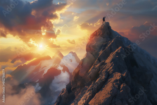 Wallpaper Mural Silhouette a climber on the top of the mountain in morning sunrise, fighting spirit and togetherness theme.. Torontodigital.ca