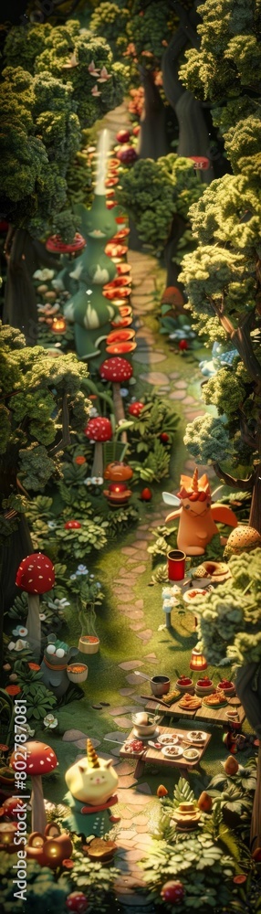 Fototapeta premium A lush green forest path winds its way through a dense grove of towering trees