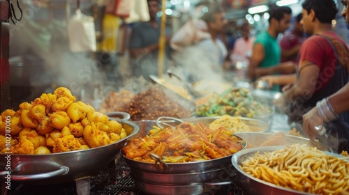An Indian street food stall bustling with customers, the air filled with the enticing aromas of frying snacks and spices. photo