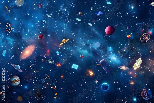 A galaxy filled with stars shaped like sports icons.