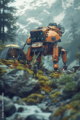 A lone wanderer and his mech suit companion traverse a harsh and unforgiving landscape. © Ekarat