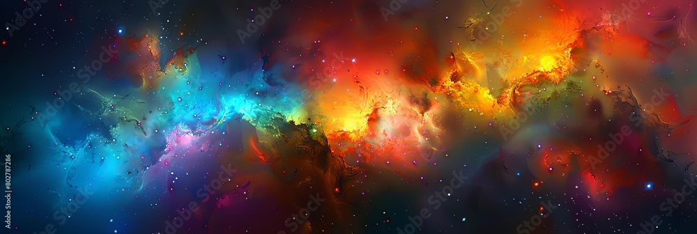 a colorful galaxy with a cluster of stars in the center, surrounded by a dark dust lane and a dista