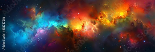 a colorful galaxy with a cluster of stars in the center, surrounded by a dark dust lane and a dista