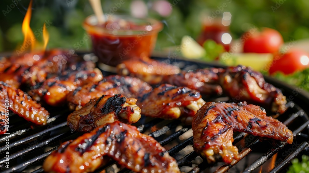 An outdoor barbecue party with a spread of grilled chicken wings, hot off the grill and ready to be enjoyed with dipping sauces.