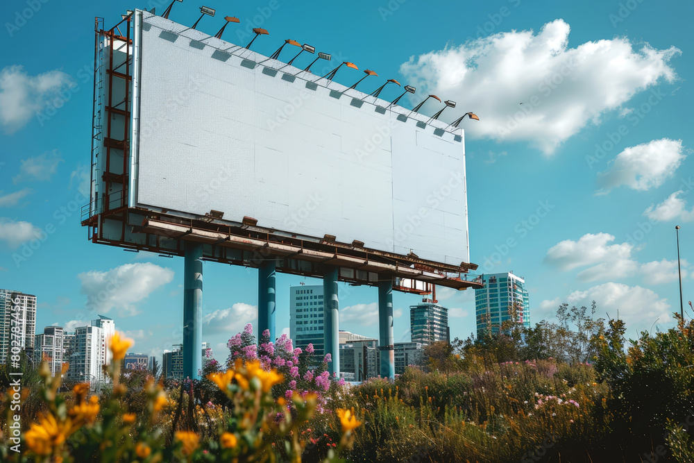 Empty billboard in a field with a cityscape, ideal for advertising and commercial use. Empty billboard in a field with a cityscape, ideal for advertising and commercial use.