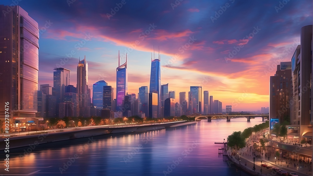 custom made wallpaper toronto digitalcity skyline at sunset: Twilight Metropolis Urban Splendor at Sunset