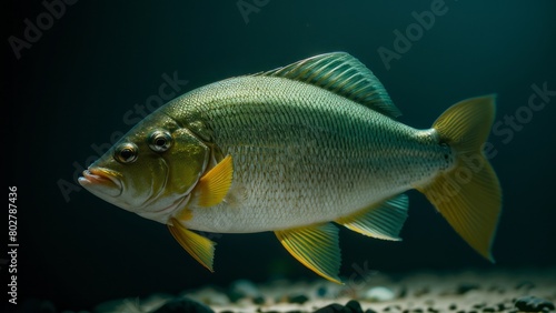 a fish with a yellow stripe is swimming in an aquarium.