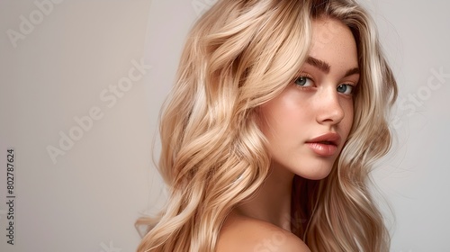 Elegant woman with perfect blonde curls looks to the side. Beauty portrait with a soft background. Ideal for salon promotions and makeup ads. Stylish and graceful. AI