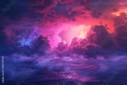 A stormy sky with purple and blue clouds and lightning bolts © Phuriphat