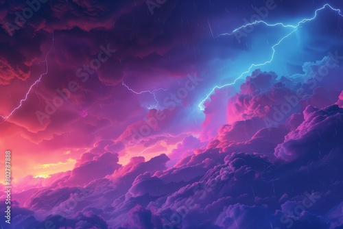 A stormy sky with purple and blue clouds and lightning bolts