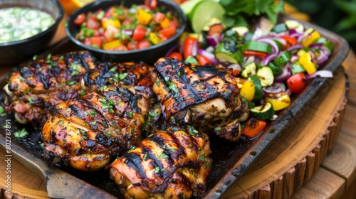 An outdoor patio setting with a platter of grilled chicken thighs, served with vibrant grilled vegetables and zesty salsa. photo