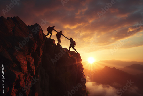 Silhouette three climbers help each other to reach the top of the mountain, fighting spirit and togetherness theme..