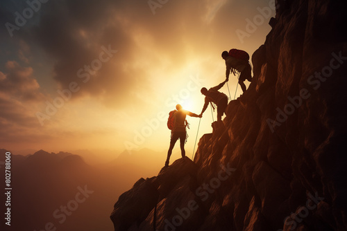 Silhouette three climbers help each other to reach the top of the mountain, fighting spirit and togetherness theme..
