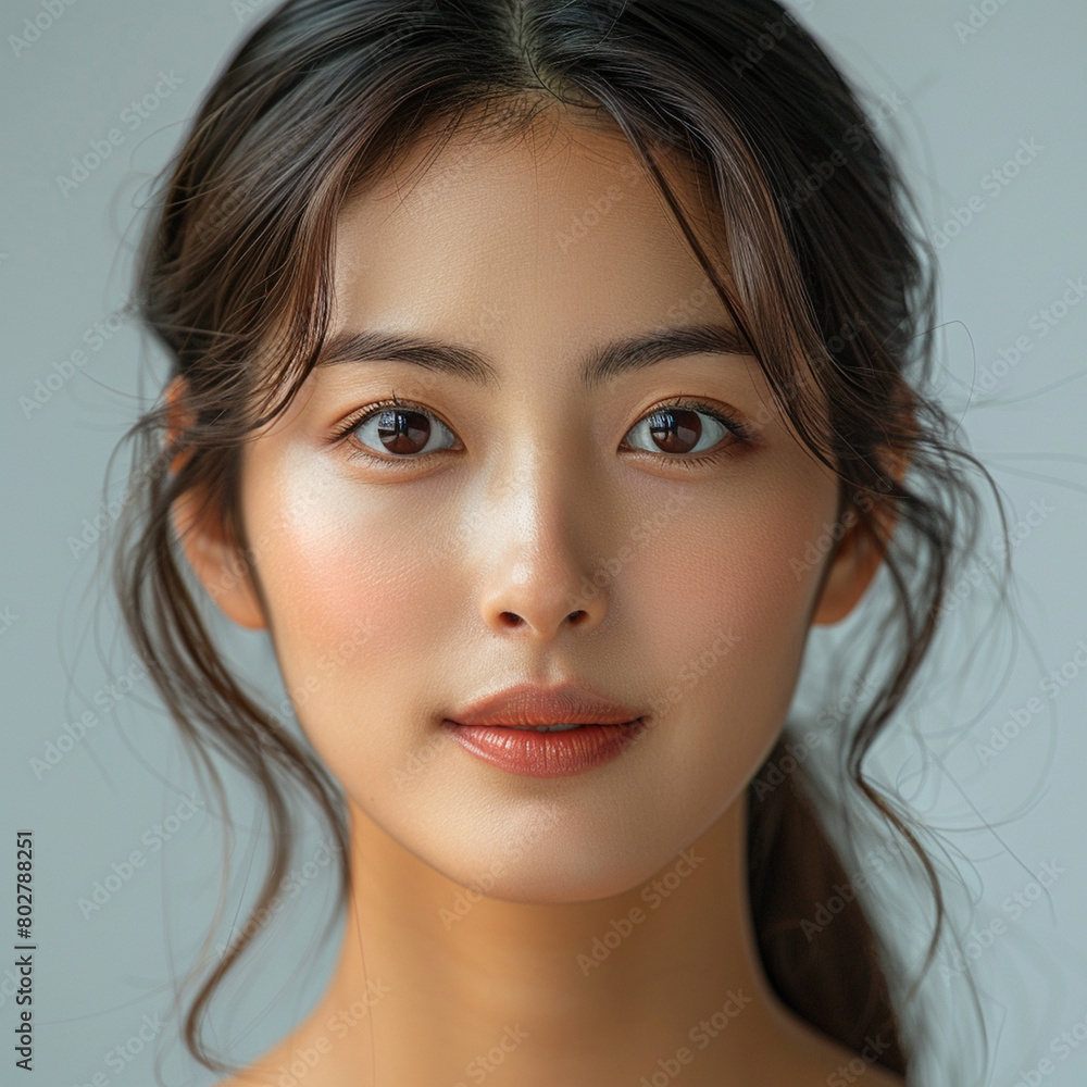 Beautiful female Asian beauty care models face front close up. Calm relaxed young Korean woman with soft clean perfect skin looking at camera Beautiful female Asian beauty care models face front close up. Calm relaxed young Korean woman with soft clean perfect skin looking at camera