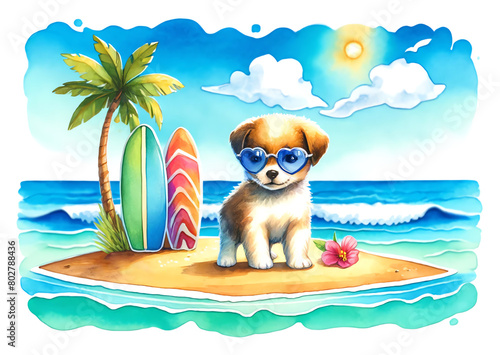 Watercolor painting of a Puppy wearing sunglasses on a beach