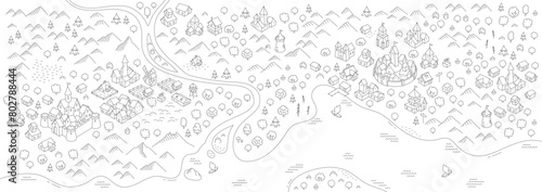 Medieval map with lake and river horizontal slider banner format. Middle Ages kingdom map. Vector editable outline stroke.