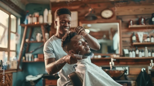 A confident man enjoying a relaxing moment as his barber expertly styles his hair. photo