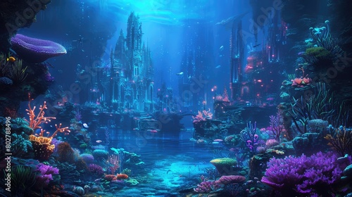 An underwater city with bioluminescent coral  schools of colorful fish  and ancient ruins  all illuminated by the eerie glow of an underwater volcano. Resplendent.