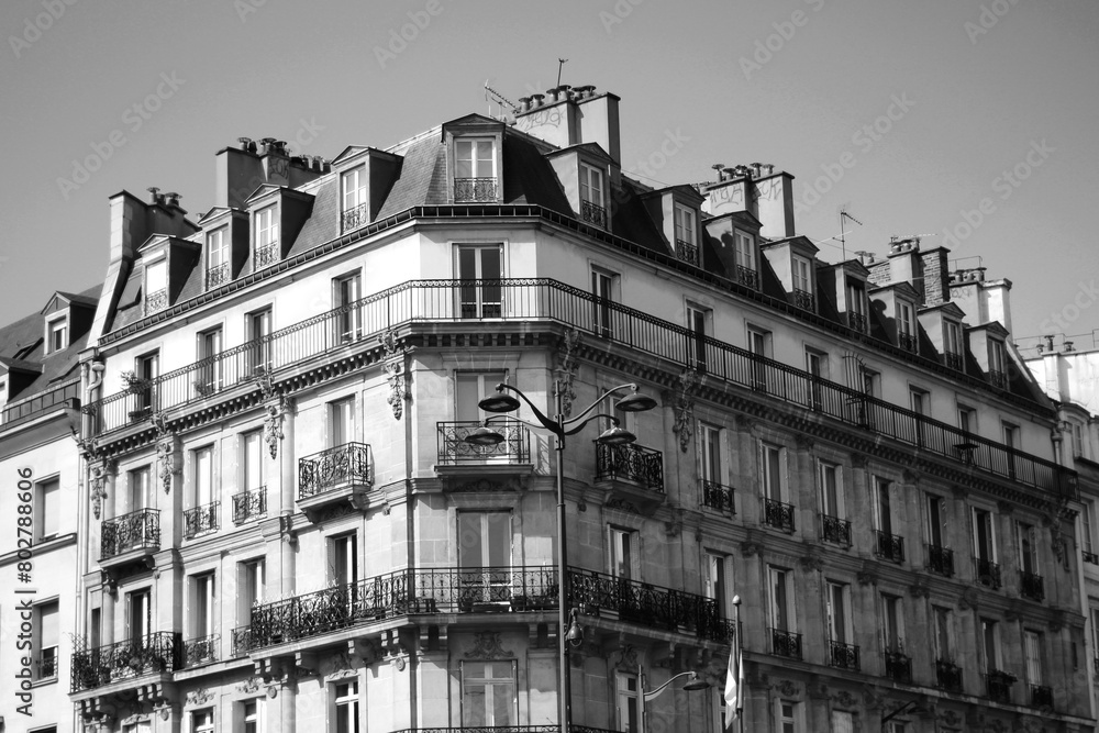Paris. Classic Parisian Haussmann Architecture Building. Black and White Parisian Cityscape.