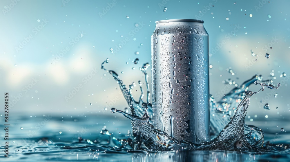 Aluminum can. Empty can with water splashing on a light blue background. Aluminum can. Empty can with water splashing on a light blue background.