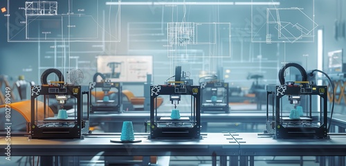 A digital fabrication workshop with state-of-the-art 3D printers creating complex technology components, set against the backdrop of schematic designs floating in mid-air.  photo