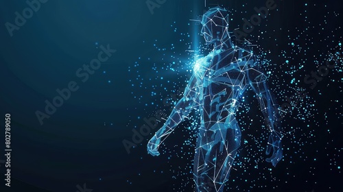 A dynamic illustration showcasing a futuristic cyborg man with AI, with biometric scanning and 3D scanning capabilities depicted in a polygon vector wireframe style.