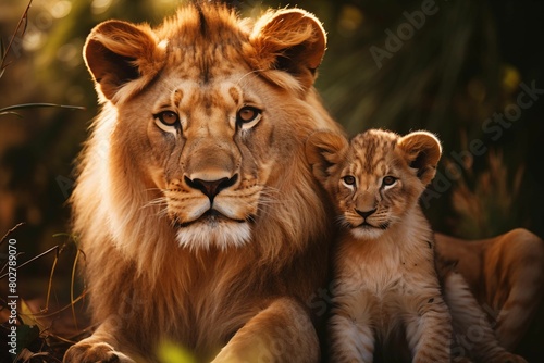 A lion and its cub, both looking at the camera with warm sunlight illuminating them. Generative AI