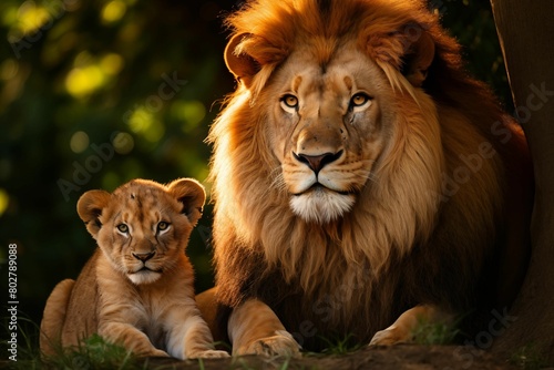 A lion and its cub  both looking at the camera with warm sunlight illuminating them. Generative AI