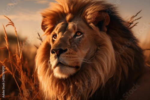 A majestic lion with its mane shimmering in the golden light of sunset, standing tall amidst the savanna grasslands. Generative AI