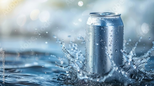 Aluminum can. Empty can with water splashing on a light blue background.