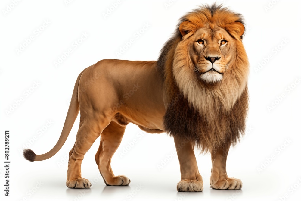 full body photo of a lion standing Isolated on white background, looking at camera. Generative AI