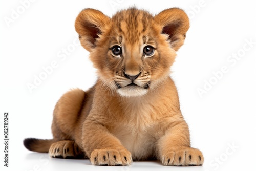 lion cub sitting pose isolated on white background. Generative AI