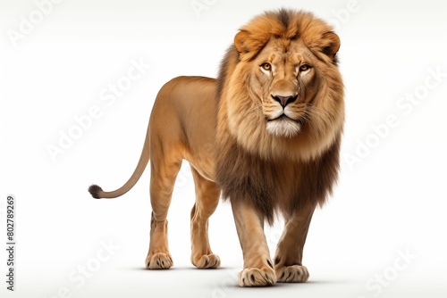full body photo of a lion standing Isolated on white background  looking at camera. Generative AI