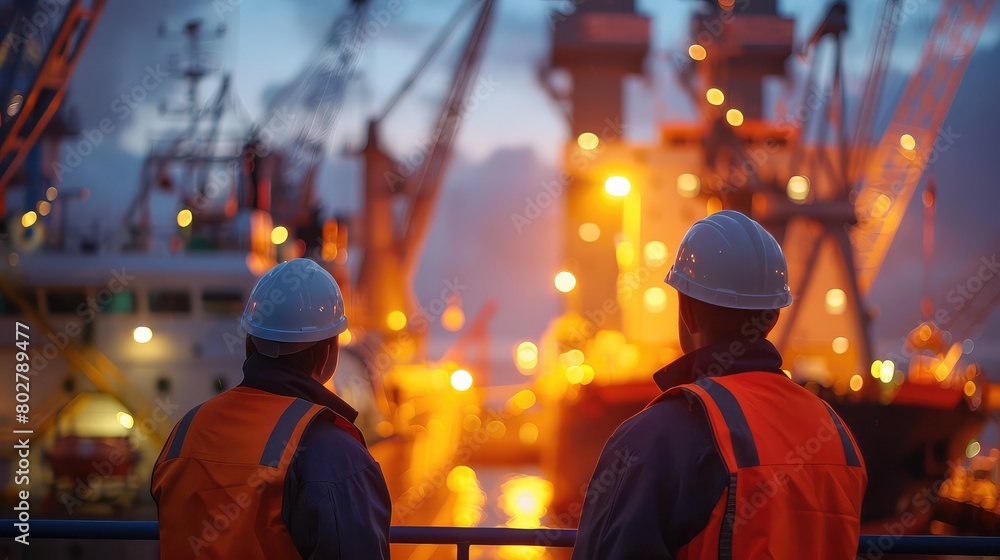 A dynamic shot showcasing the rear view of two dock workers observing operations in a shipyard, with massive cranes and maritime vessels blurred in the background. A dynamic shot showcasing the rear view of two dock workers observing operations in a shipyard, with massive cranes and maritime vessels blurred in the background.