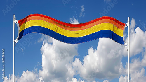 A rainbow flag is flying in the sky above a cloudy day. The flag is colorful and vibrant, and it seems to be waving in the wind. The sky is mostly blue, with some clouds scattered throughout photo