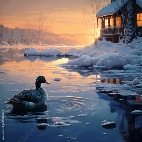 The Solitary duck waddling across a shimmering ice covered lake at dusk photo