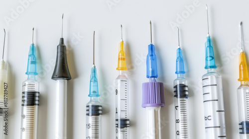 A row of syringes with different colored tips. The syringes are lined up on a white background