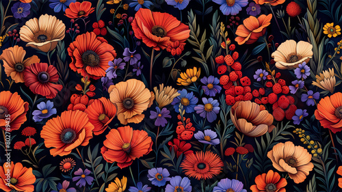 seamless floral pattern featuring untamed red and purple flowers  depicted in a botanical illustration style. The colorful background adds depth to this versatile textile design