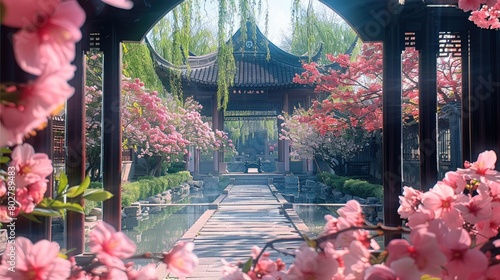 A Chinese-style courtyard filled with blooming peach blossoms. There is a round courtyard gate. Generative AI. photo