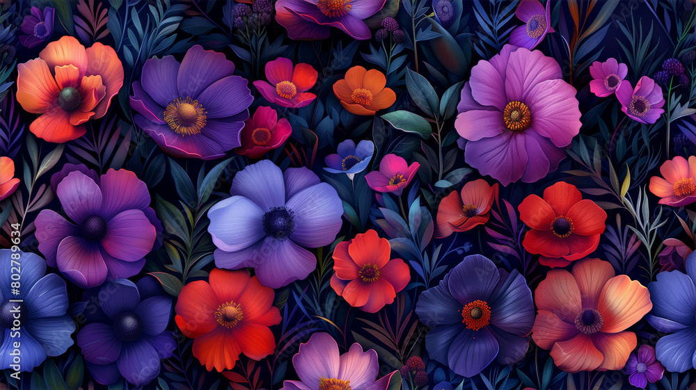 custom made wallpaper toronto digitalseamless floral pattern featuring untamed red and purple flowers, depicted in a botanical illustration style. The colorful background adds depth to this versatile textile design
