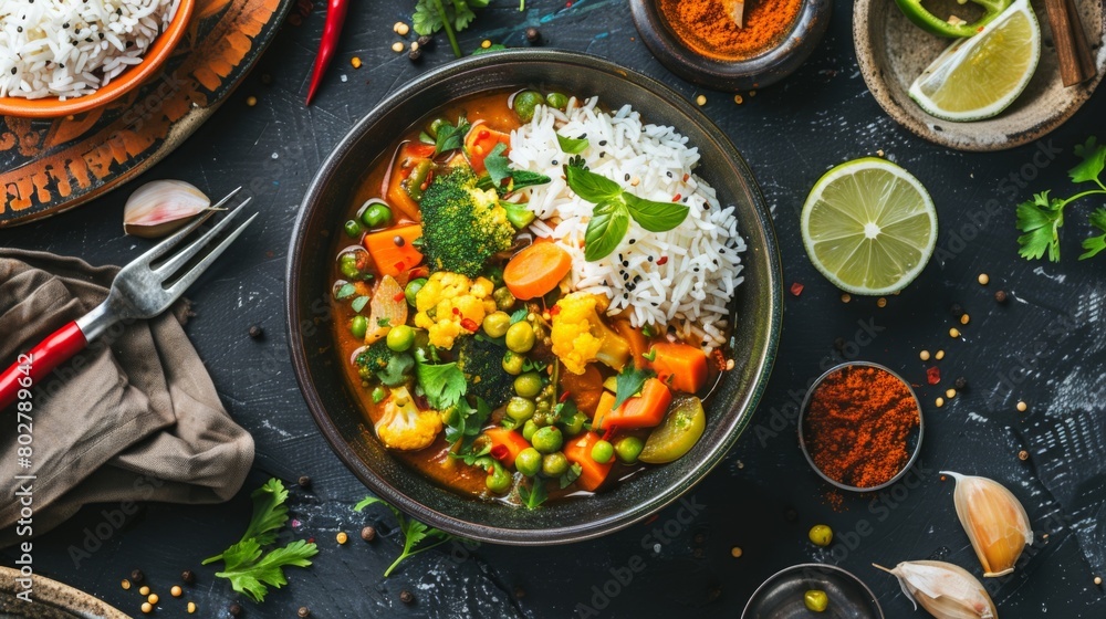 An overhead shot of a vibrant bowl of vegetarian razala curry, brimming with colorful vegetables and aromatic spices.